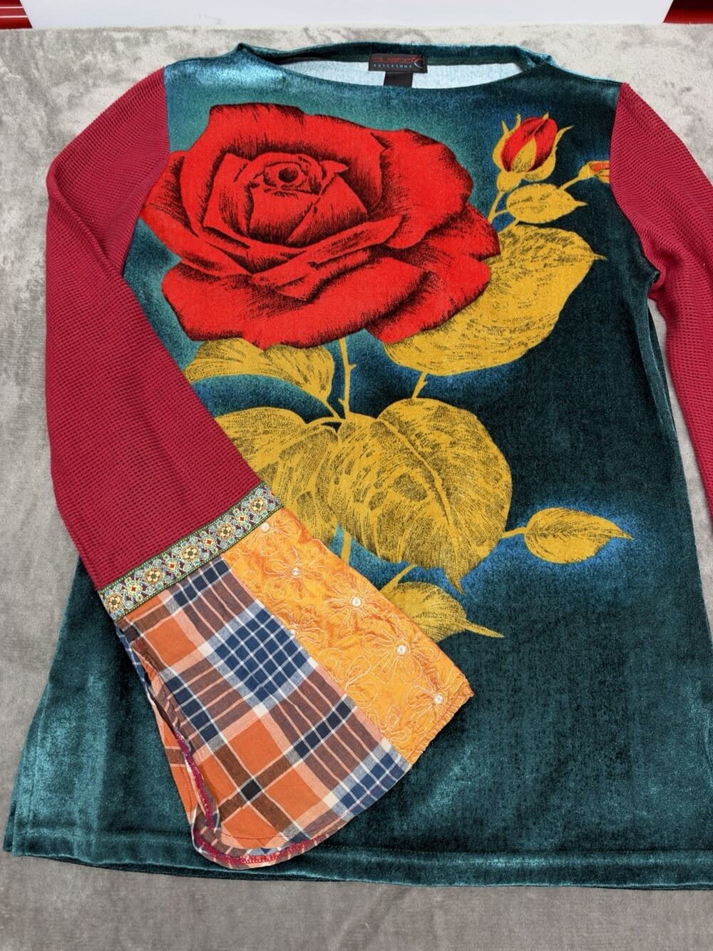 Custo Barcelona Velvet Rose Patchwork Bell Sleeve Top Tunic Y2K Boho L